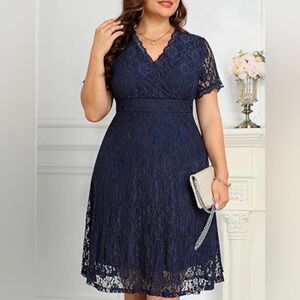Pinup Fashion navy blue short-sleeve floral lace midi dress size 24W